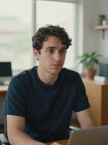 Candid documentary-style medium close-up of a professional male psychologist in a quiet, modern workspace, soft natural overcast daylight, warm timber and navy tones, 35mm film aesthetic.