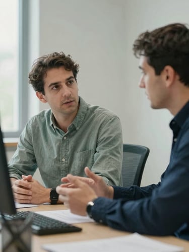 Documentary photography of a collaborative workspace where two professional men in casual business attire discuss clinical communications, soft natural daylight, muted sage and navy tones.