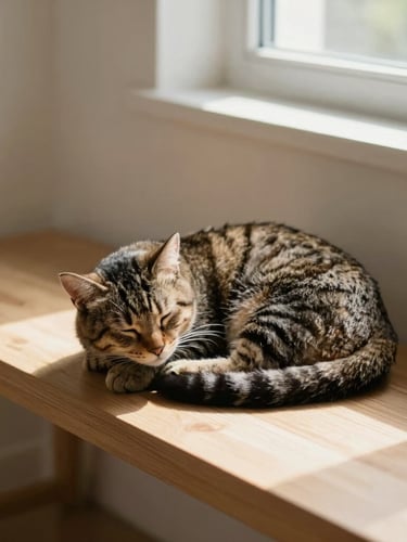 Close-up of a sleeping tabby cat curled up in a sunbeam on a minimalist wooden bench, soft shadows, warm natural light, shallow depth of field