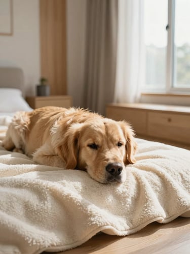 Warm editorial photography of a golden retriever resting its head on a premium cream-colored wool blanket in a sunlit modern living room with oak wood accents, soft window light, shallow depth of field, 35mm