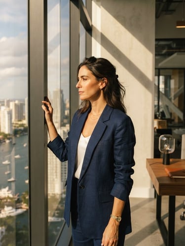 A professional woman in a structured navy linen blazer looking thoughtfully out a high-rise window, warm afternoon Miami sunlight casting sharp architectural shadows across the room.