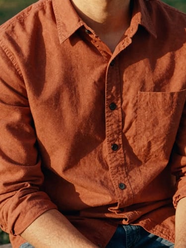 Close-up of a man in a warm terracotta heavyweight cotton shirt sitting on a wooden bench, golden-hour natural light casting soft shadows, 35mm film style