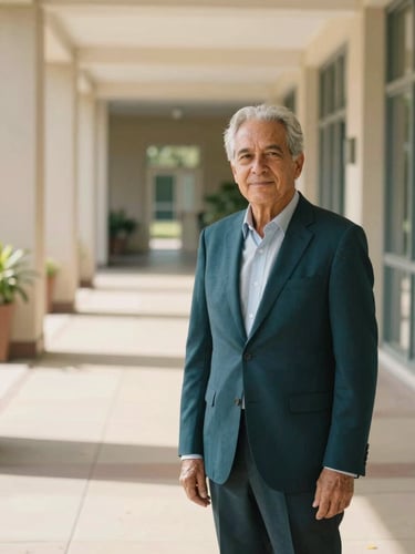 Environmental portrait of a senior academic director standing in a sunlit modern campus hallway, warm editorial photography, soft natural daylight, deep teal tones, 35mm