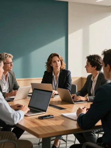 Warm editorial photography of a modern executive classroom in the Canary Islands, mid-career professionals collaborating around a wooden table, soft natural daylight, deep teal shadows and sand tones, professional corporate setting, 35mm.