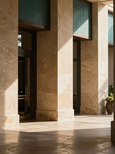 Elegant architectural perspective of a high-end Canary Islands resort lobby, warm afternoon sunlight casting long shadows, minimalist sand-toned stone walls, shallow depth of field, 35mm editorial photography