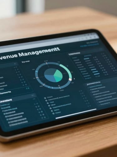 Close-up of a modern hotel revenue management dashboard on a tablet, resting on a polished wooden desk in a bright, sunlit executive office, shallow depth of field, warm editorial style