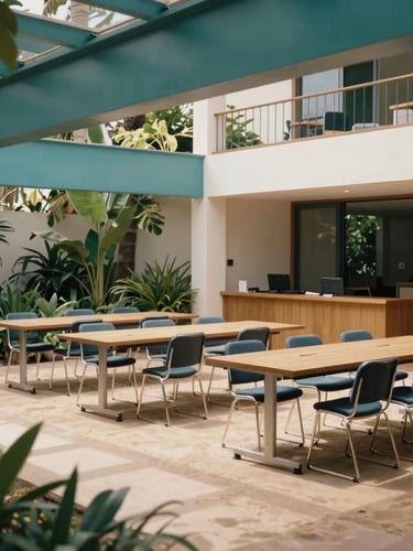 Architectural shot of a modern, open-air executive classroom overlooking a quiet garden in the Canary Islands, bright natural daylight, sand and teal tones, 35mm