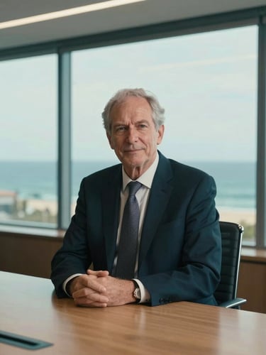 Environmental portrait of a senior tourism executive in a modern architectural boardroom overlooking the ocean, soft natural daylight, deep teal tones, 35mm