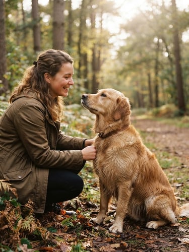 Warm outdoor photography of a golden retriever making calm eye contact with its owner in a sunlit Dutch forest, soft natural daylight, shallow depth of field, 35mm