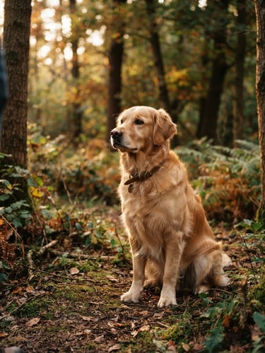 A calm golden retriever sitting in a Dutch woodland landscape at golden hour, looking attentively at its owner who is just out of frame, soft warm natural light, 35mm photography