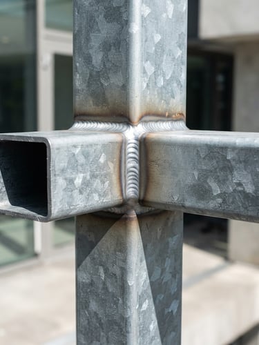 Detailed close-up of a clean weld joint on a galvanized steel frame, bright natural daylight, crisp metallic textures, deep shadows, 35mm lens