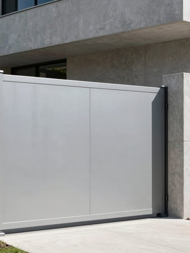 Architectural photography of a modern minimalist automatic gate installed on a contemporary concrete facade, bright natural daylight, deep shadows, 35mm lens