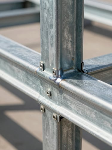 Macro architectural shot of a clean weld joint on a galvanized steel frame, bright natural daylight, crisp metallic textures, 35mm lens