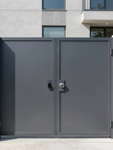 Architectural photography of a modern minimalist automatic dark steel gate installed on a contemporary concrete facade, bright natural daylight, crisp metallic textures, deep shadows, 35mm lens
