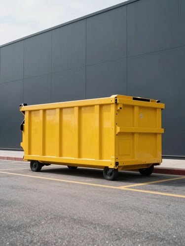 Low angle heroic shot of a clean yellow steel dumpster parked on a modern asphalt road, bright daylight, high contrast, industrial commercial photography