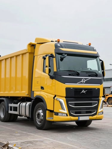 A modern heavy-duty Volvo transport truck with a yellow dumpster loaded on the back, clean professional construction site background, bright overcast daylight