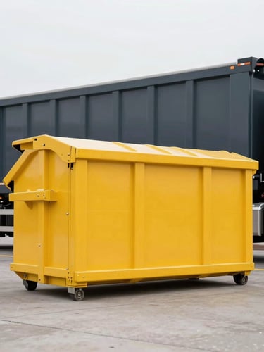 Low-angle heroic shot of a clean yellow steel dumpster placed precisely on clean urban pavement, modern heavy-duty transport truck in background, bright overcast daylight, high-contrast yellow and deep charcoal tones, sharp focus, 35mm
