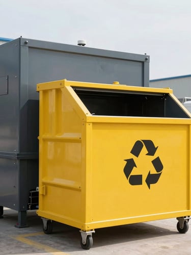 A modern waste separation and recycling facility, clean environment, high-contrast industrial machinery, bright daylight, professional composition, 35mm