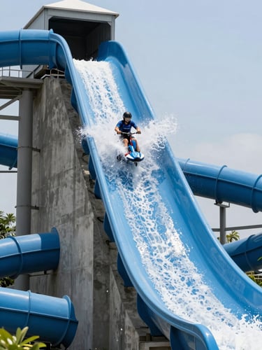 Close-up wide shot of a towering blue slide chute with a rider mid-drop, water spraying outward, bright midday sun overhead, concrete structure showing full scale