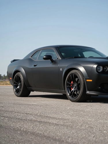 Low-angle three-quarter view of a matte-black muscle car parked on empty gray asphalt, natural daylight, tight environmental framing with the car occupying the right two-thirds of the frame, clean shadowless sky above