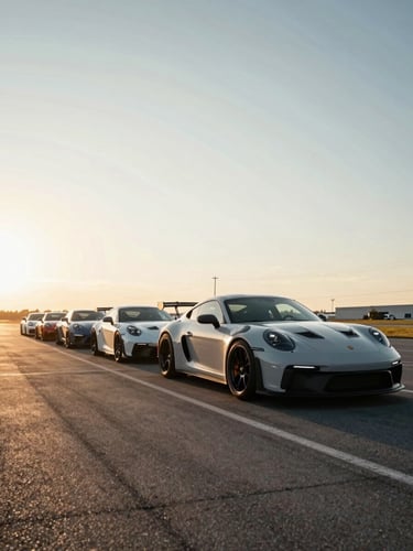 Wide low-angle shot of a line of performance cars pulling out of a staging area at golden hour, motion blur on the nearest car, clean tarmac, dramatic long shadows stretching left