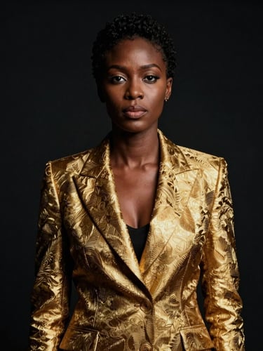 Sharp editorial portrait of an African diaspora female executive in a bespoke structured gold-brocade blazer, dramatic high-contrast studio lighting, deep black negative space, medium format film style