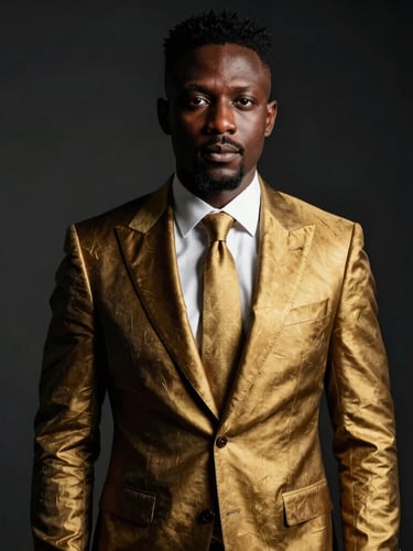 Sharp editorial portrait of an African diaspora professional in bespoke tailoring, high-contrast studio lighting, deep obsidian and rich gold tones, medium format film