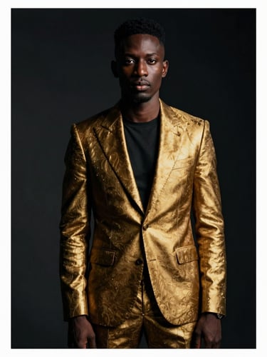 Sharp editorial portrait of an elegant African diaspora professional in bespoke gold-accented tailoring, dramatic high-contrast studio lighting, deep obsidian tones, medium format film.