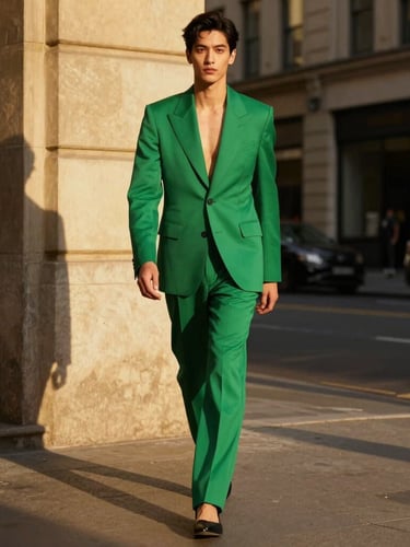 Vibrant high-fashion capture of a Sapology contestant in a sharp emerald green bespoke suit, walking down a clean global city street, dramatic golden hour highlights