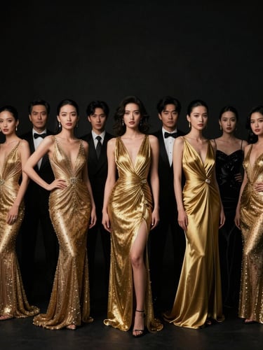 A wide authoritative environmental portrait of guests in luxurious gold and black evening wear at a grand gala, dramatic high-contrast studio lighting, deep shadows.