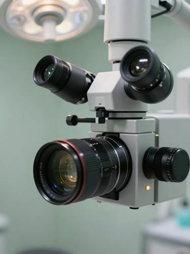Extreme close-up of a high-tech dental microscope in a serene, softly lit clinical room with sage-green accents, clean clinical light, professional and precise atmosphere