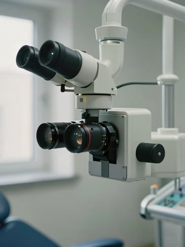 Macro photography of a serene clinical environment, showing a state-of-the-art dental microscope positioned over a treatment chair, soft natural light diffusing from a side window