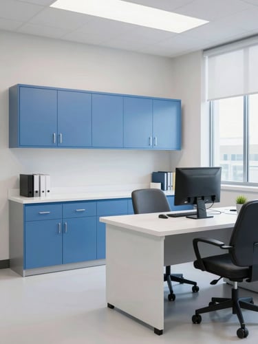 A clean, modern clinical office interior in Conyers, featuring sterile blue accents, organized workspace, and secure storage cabinets under bright daylight.
