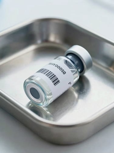Close-up of a secure medical collection vial with a tamper-evident barcode seal, resting in a sterile steel tray under neutral clinic lighting, 35mm clinical photography.