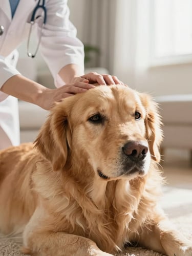 Close-up of a veterinarian's gentle hands petting a calm golden retriever on a soft rug in a sunlit living room, warm editorial photography, shallow depth of field.