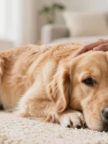 Close-up of a gentle veterinarian hand petting a calm golden retriever on a soft home rug, warm natural light, cozy living room background