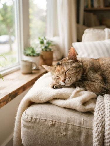 Warm editorial portrait of a calm cat resting on a cozy sofa near a window, soft natural light, shallow depth of field