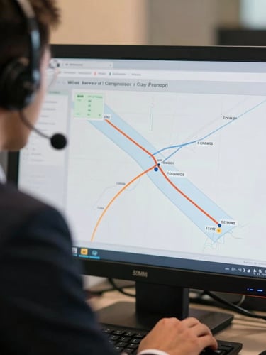 Close-up of a professional dispatcher in a dark tailored suit reviewing route logistics on a clean screen, soft warm lighting, cinematic corporate atmosphere, sharp focus, 35mm