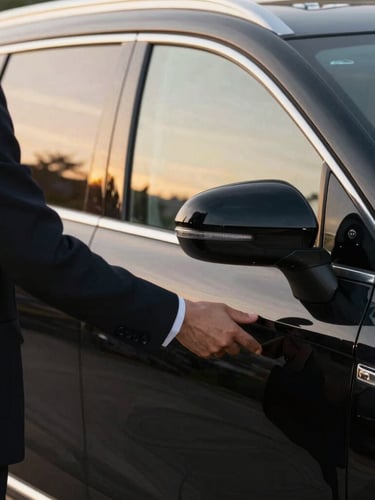 Close-up of a professional chauffeur in a tailored suit holding the door of a pristine black SUV, soft golden hour light reflecting on the vehicle, cinematic corporate photography, 35mm