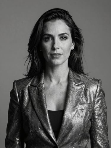 Professional black and white studio portrait of Luanna Negreiros, a corporate female executive, refined and confident expression, clean studio lighting, high-contrast editorial photography