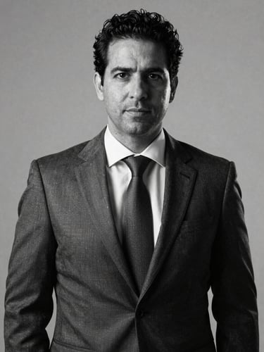 Professional black and white studio portrait of Tiago Montenegro, a corporate male executive, focused and experienced expression, clean studio lighting, high-contrast editorial photography