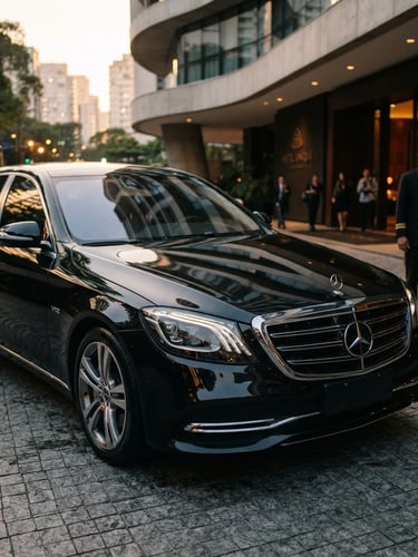 Cinematic corporate photography, close-up of a pristine black executive sedan parked in front of a luxury hotel entrance in São Paulo, soft golden-hour reflections, 35mm