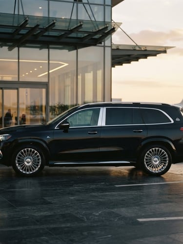 Cinematic side profile of a pristine black executive SUV parked near a modern glass terminal, soft golden hour light reflecting on the polished dark metal, clean and sophisticated composition.