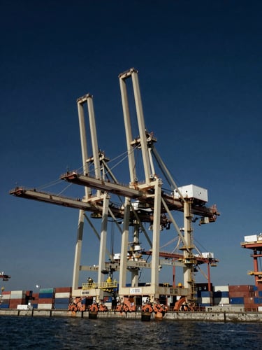 Stark wide-angle editorial photograph of a massive, automated deep-water container terminal in cool blue light, towering cranes casting sharp brutalist shadows against a dark navy sky, clean geometric composition.