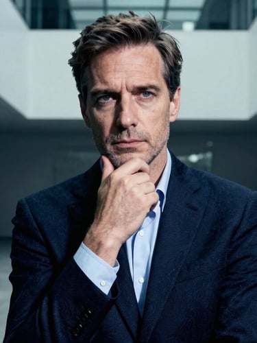High-contrast portrait of a geopolitical theorist in deep thought, cool blue tones, dramatic shadows, stark modern office background, wide-angle lens.
