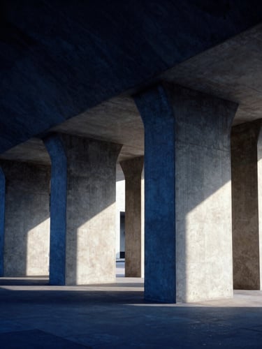 Stark editorial photography of massive architectural geometry, concrete pillars casting deep shadows, cool blue tones, wide-angle lens