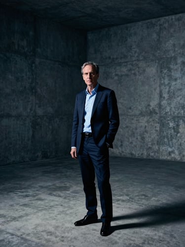 Stark high-contrast portrait of a geopolitical theorist in a dark minimalist concrete room, cool blue shadows, dramatic side lighting, editorial style.