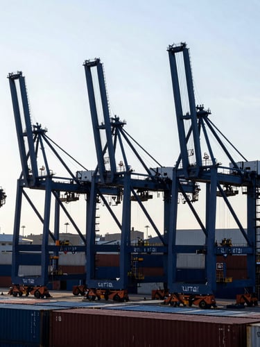 Extreme wide-angle stark editorial photograph of a massive automated container terminal, high-contrast cool blue shadows, towering crane structures silhouetted against a pale sky