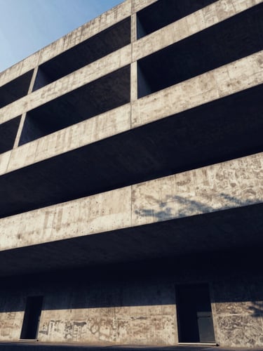 Stark wide-angle architectural crop of brutalist concrete geometry, sharp deep navy shadows, high-contrast cool light, no human figures, sovereign institutional feel.