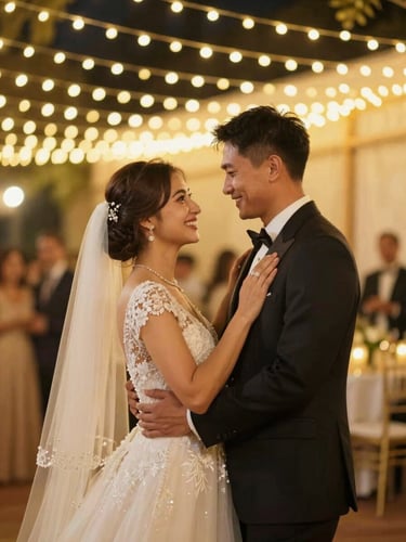 Warm editorial photography of a joyful wedding couple dancing under golden string lights, shallow depth of field, 35mm